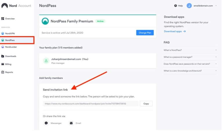 Compartir enlace de invitación en NordPass.