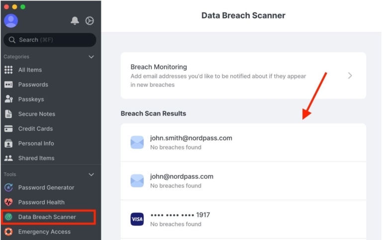 Escáner de violaciones de datos NordPass.