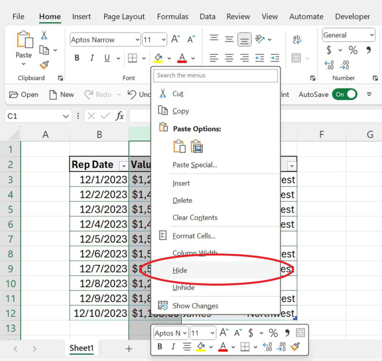 Elija Ocultar en el menú desplegable del botón derecho en Excel.