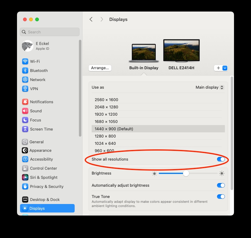 La captura de pantalla de MacOS Sonoma muestra todas las resoluciones mostradas.