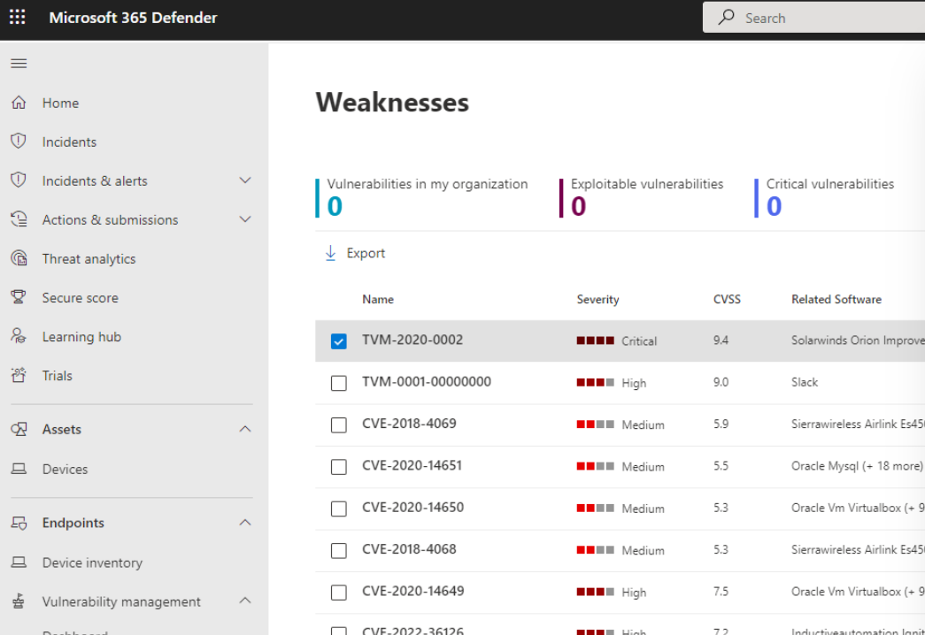 Screenshot of weaknesses list in Defender.