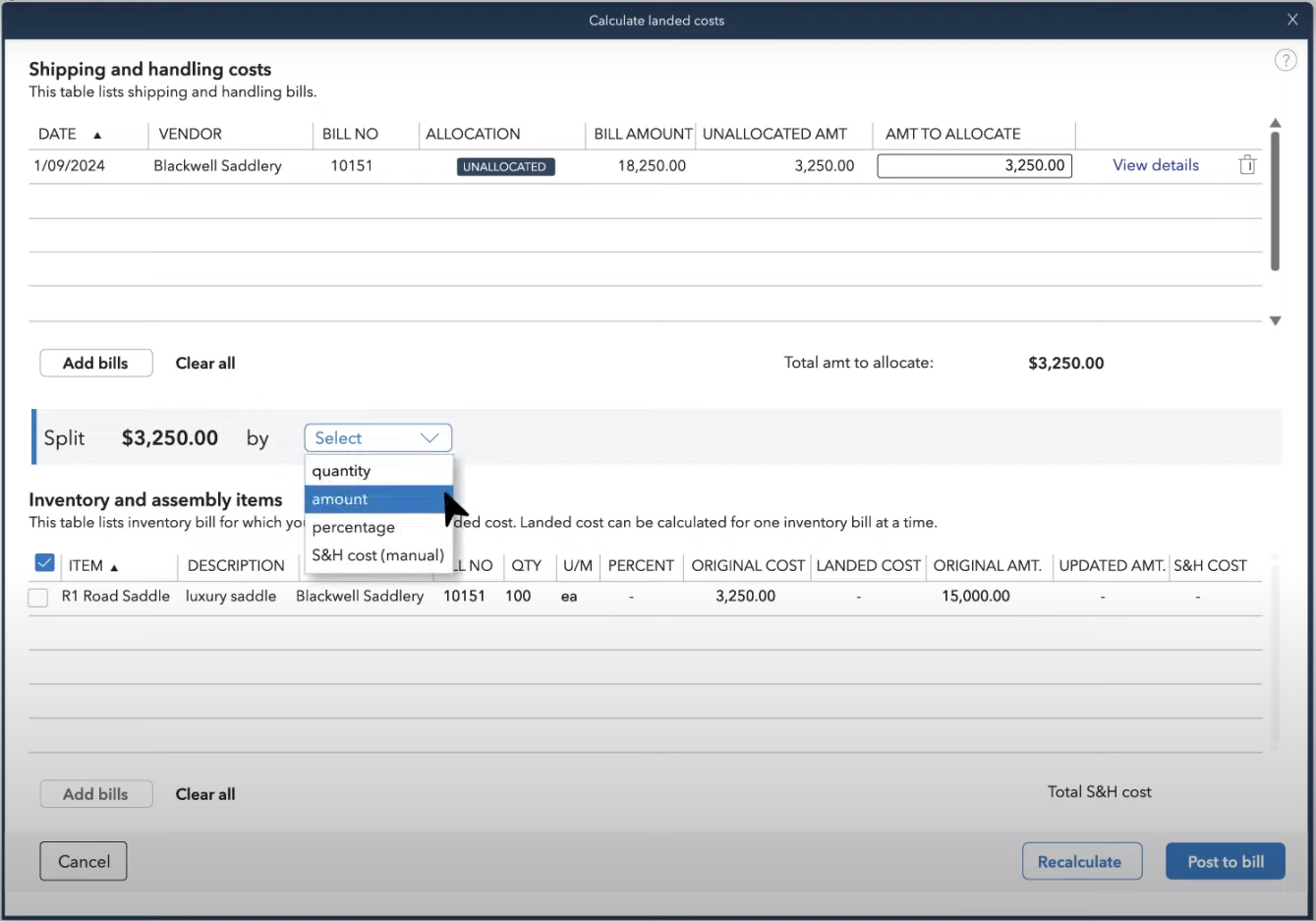 Captura de pantalla para calcular el costo final con la edición mayorista de QuickBooks.