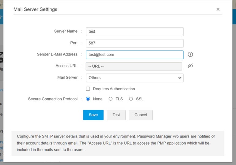 Configuración del servidor de correo de ManageEngine.