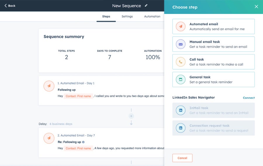 Secuencia de correo electrónico automatizada de HubSpot CRM.