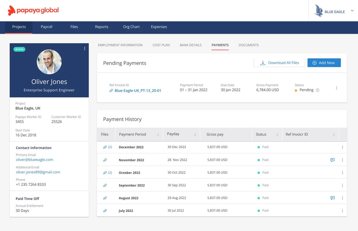 Sample worker profile on Papaya Global.