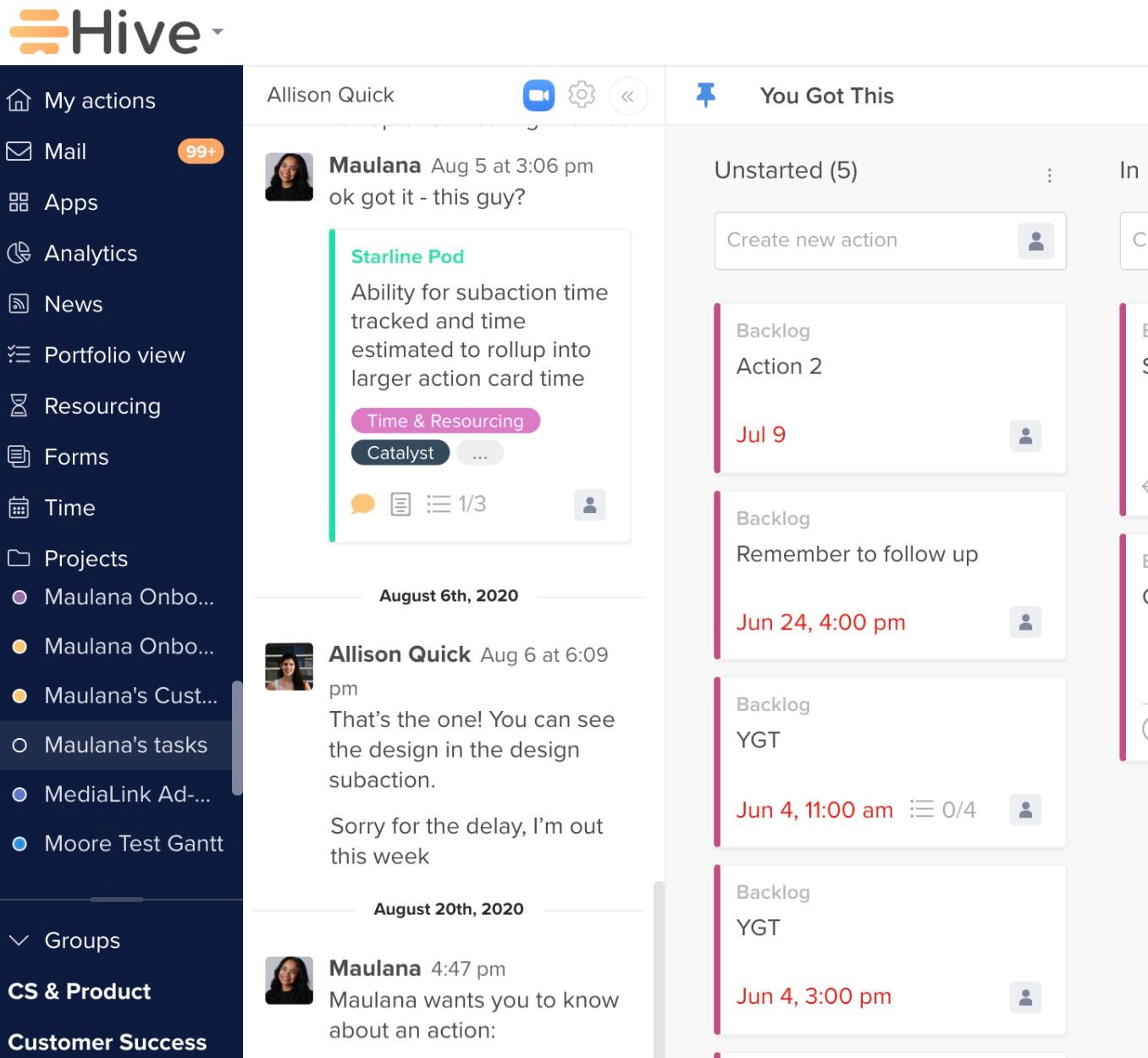 Hive’s chat messaging appears in a panel on the left-hand side of the screen