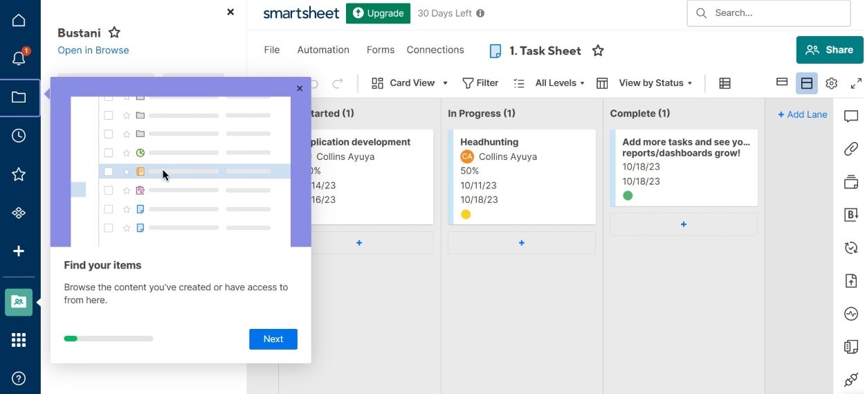Screenshot of Smartsheet card view.