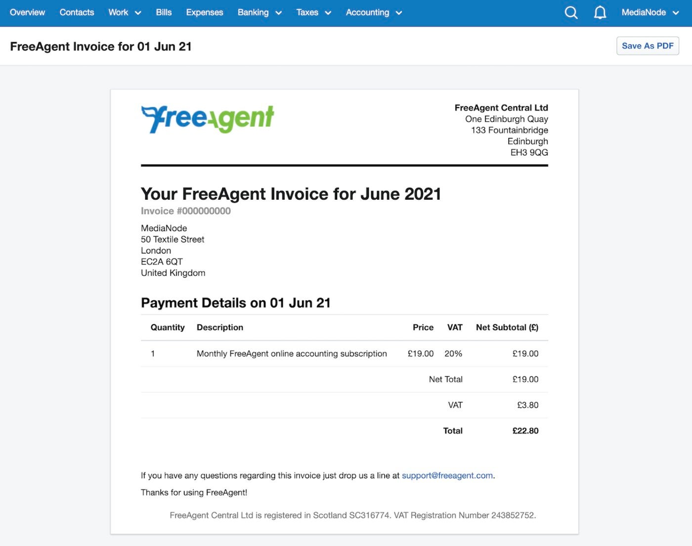 Un ejemplo de factura FreeAgent. 