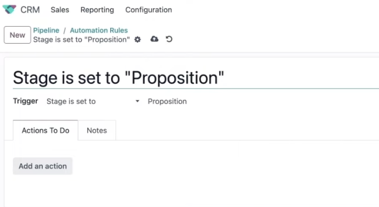 Cómo configurar la automatización inteligente en el proceso del Panel de Odoo CRM.