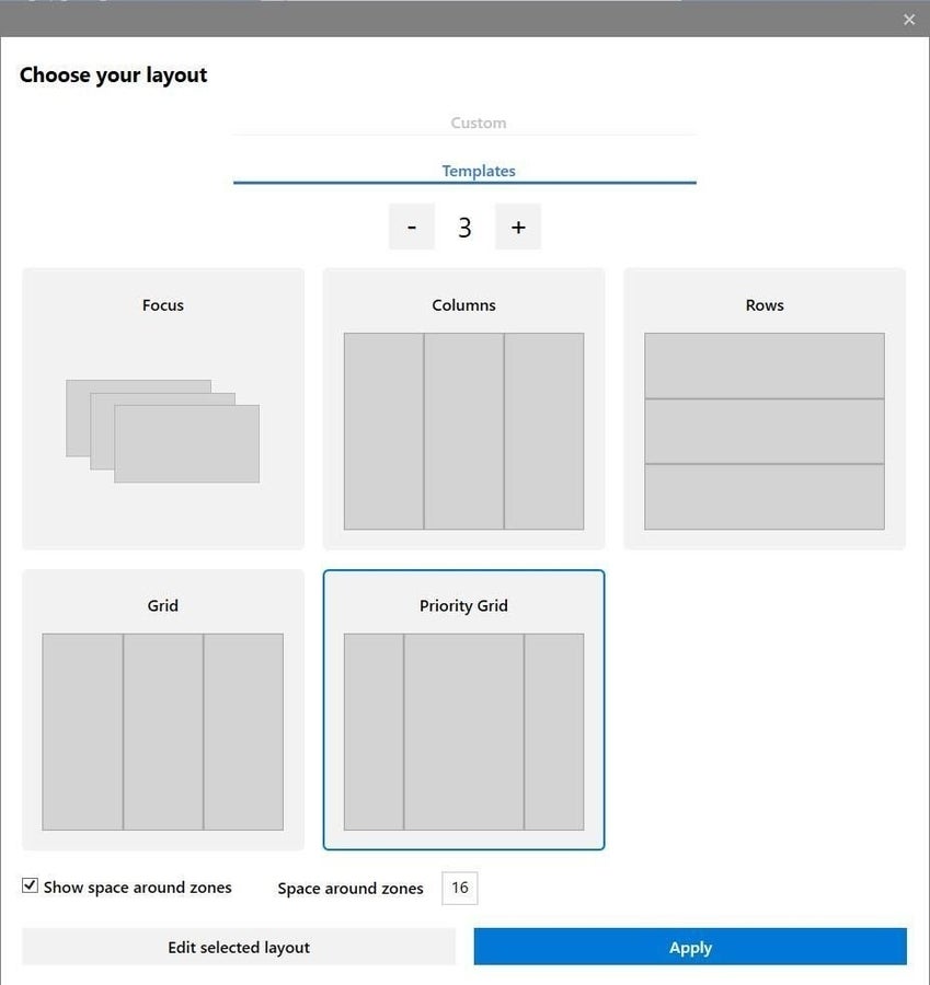 The FancyZones menu shows layout options