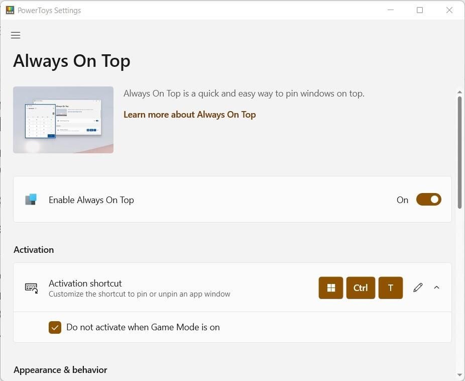 The Always On Top PowerToy opens up a menu with a few options: enabling Always On Top, customizing the shortcut and specifying whether or not to use Always On Top during Game Mode. 