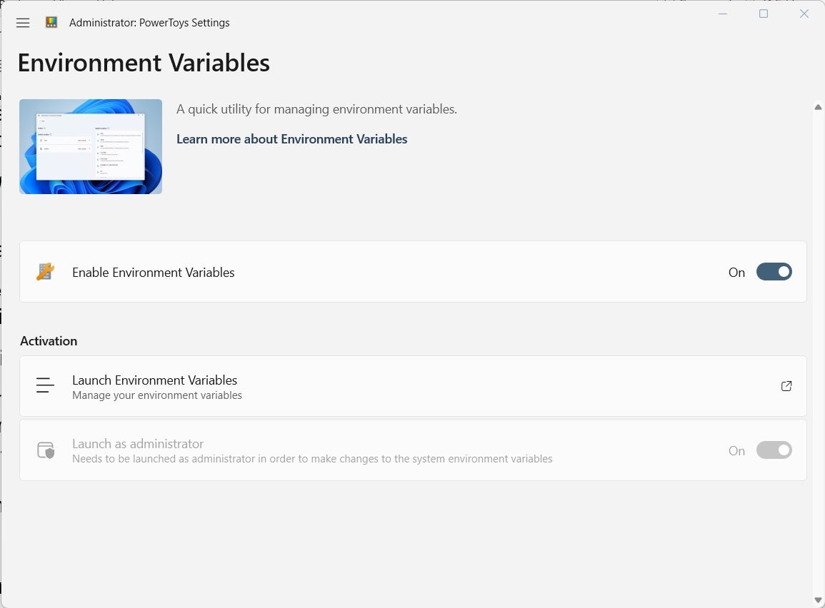 The PowerToys Environment Variables settings screen. 