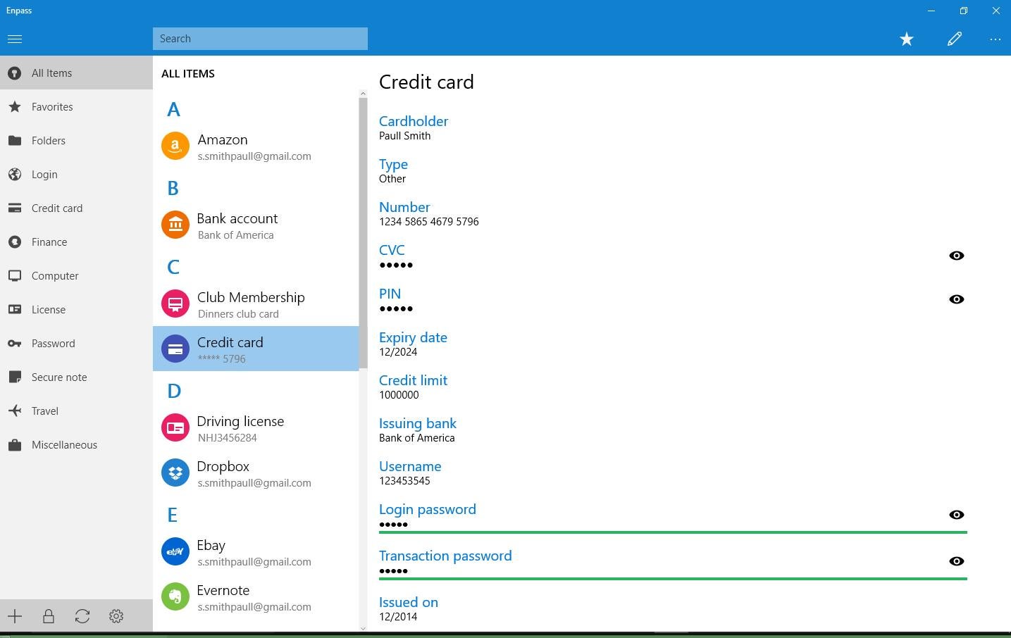 Enpass Windows dashboard.