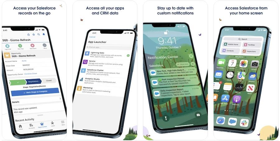 Varios dispositivos móviles iOS que muestran la aplicación Salesforce en pantalla.
