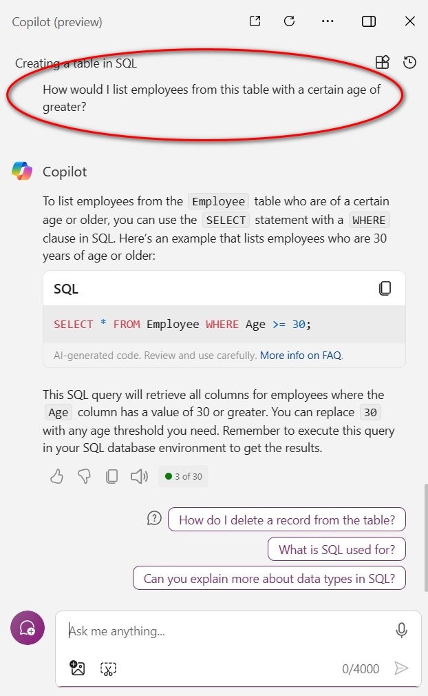 Figura C: Solicitar a Microsoft Copilot que seleccione registros de una tabla SQL.  Imagen: Mark W. Kaelin