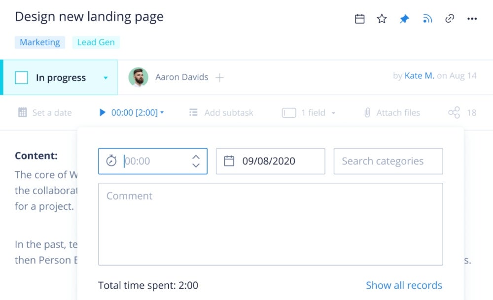 Wrike’s time tracking feature.