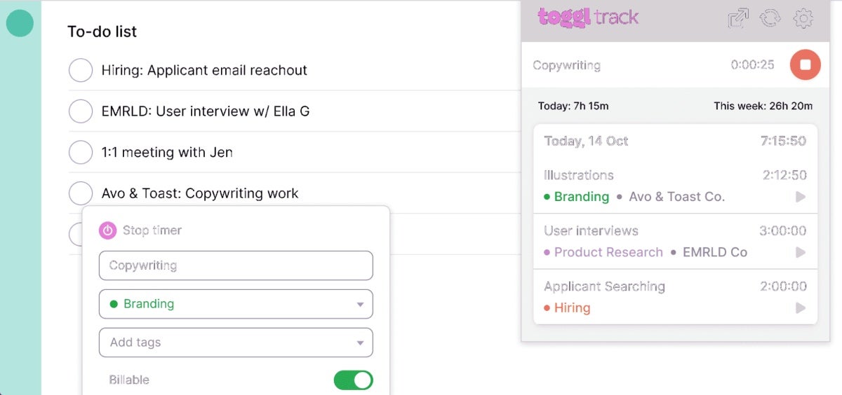 Toggl’s time tracking feature.