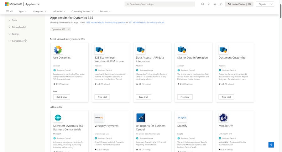 Varias integraciones de aplicaciones de terceros para Microsoft Dynamics 365 en el mercado de AppSource.