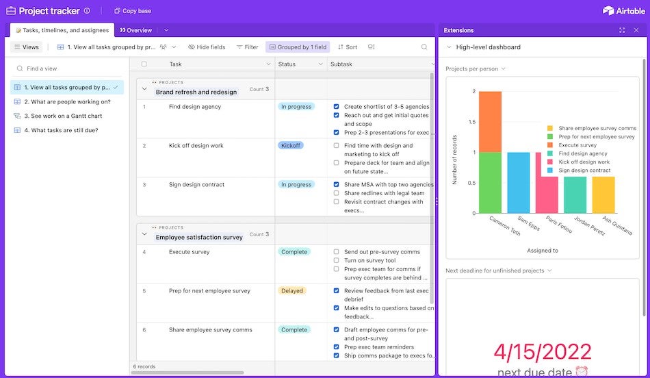 Plantilla de seguimiento de proyectos de Airtable.