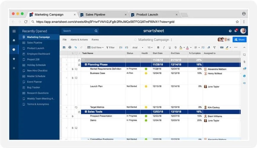 Vista de cuadrícula de Smartsheet.