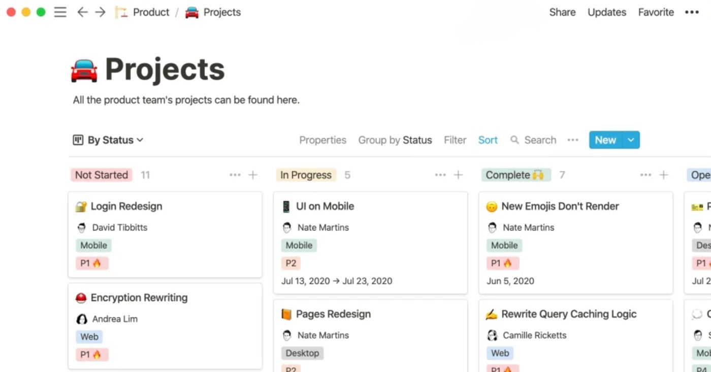 Notion project management features.