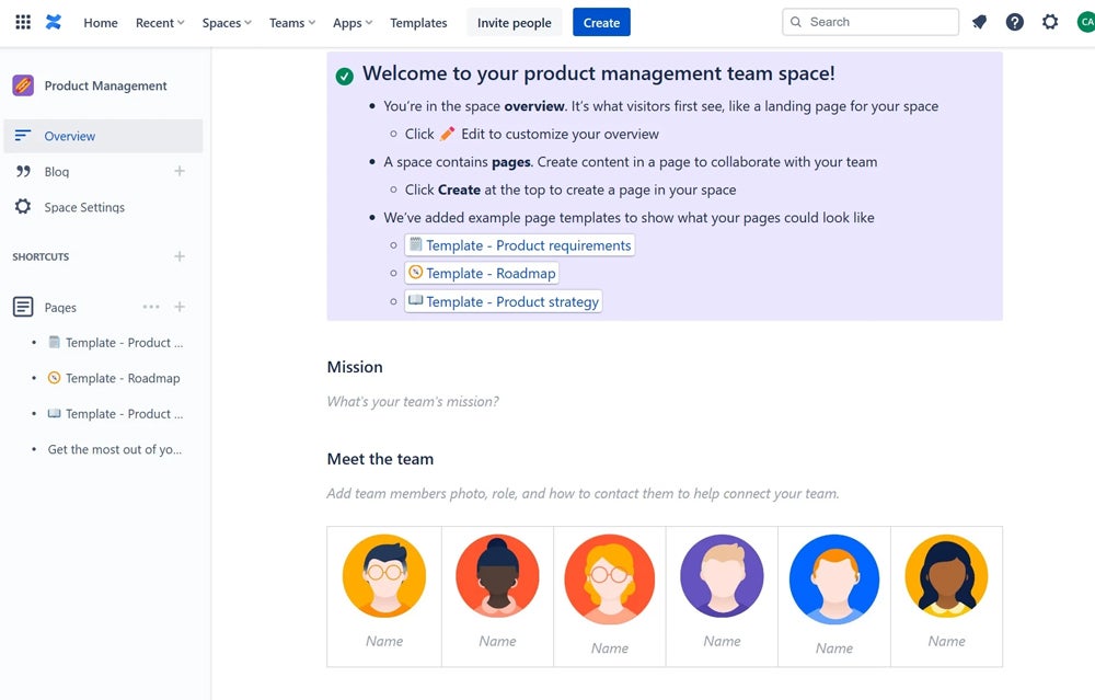 Espacio del equipo de gestión de productos en Confluence.