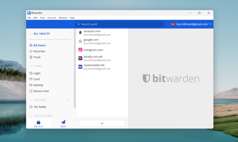 Bitwarden main desktop dashboard. 