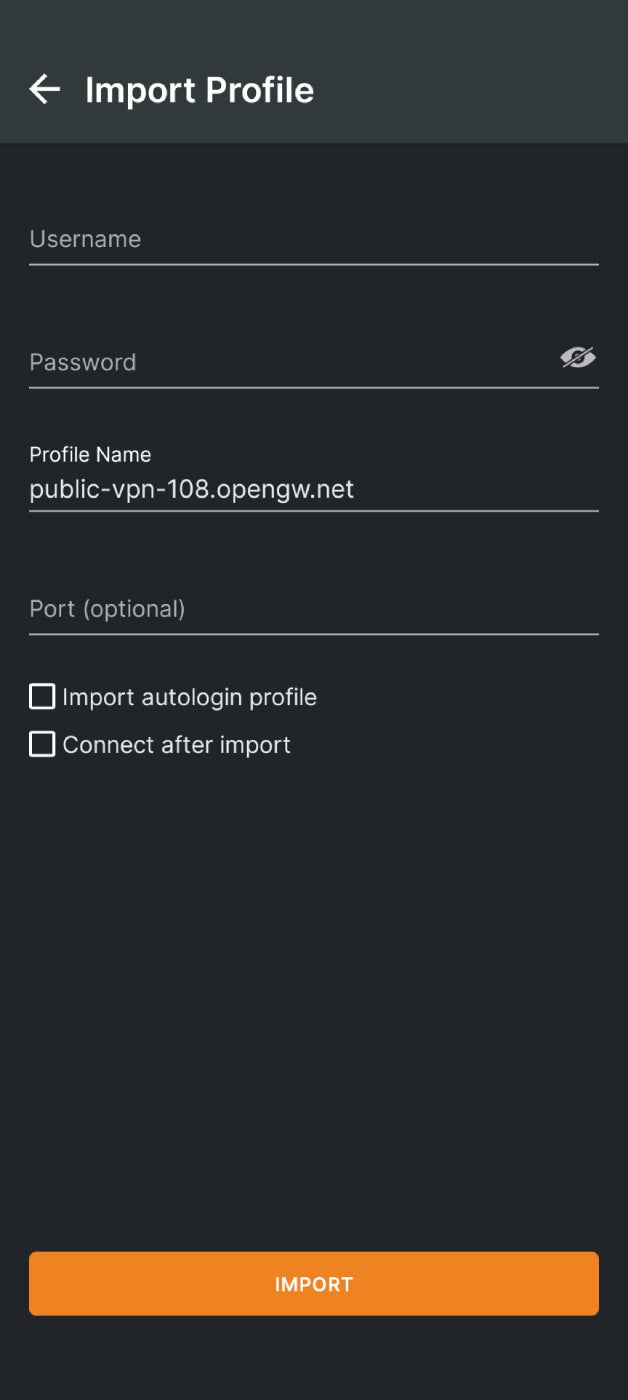 Una captura de pantalla de la pantalla de configuración de OpenVPN Connect.