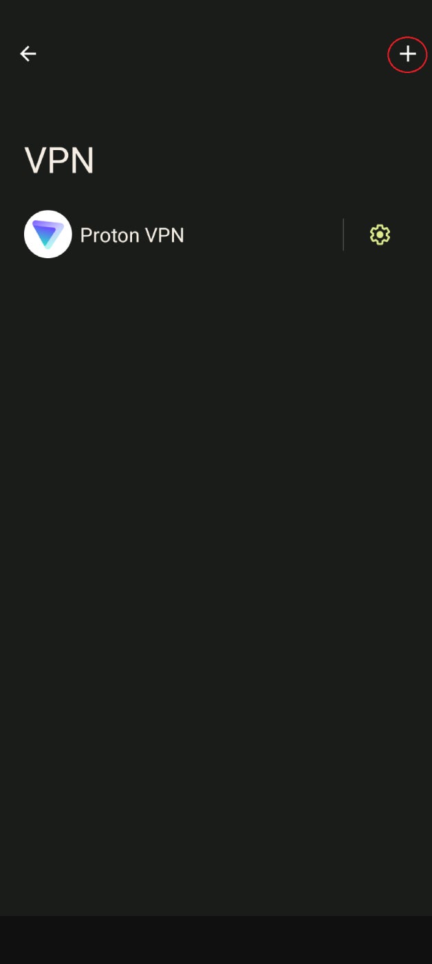 Una captura de pantalla de la pantalla VPN de Android con el signo + encerrado en un círculo.