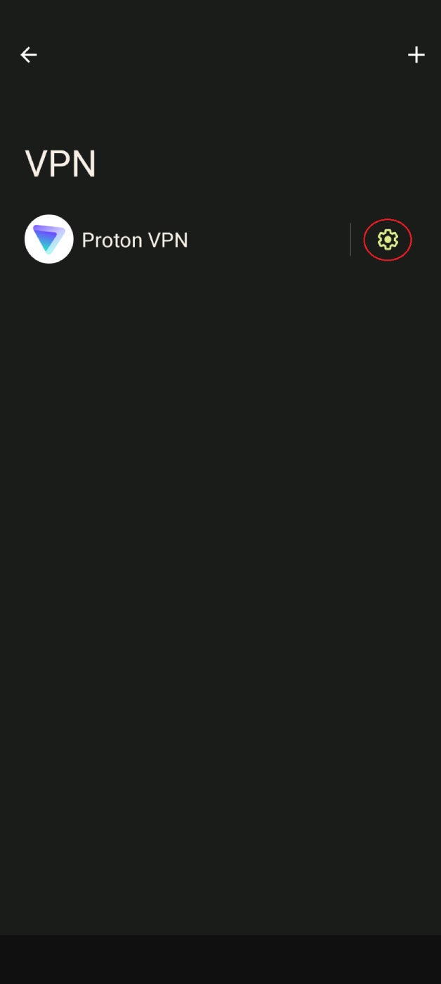 Una captura de pantalla de la pantalla de VPN de Android con el ícono de Configuración rodeado por un círculo.