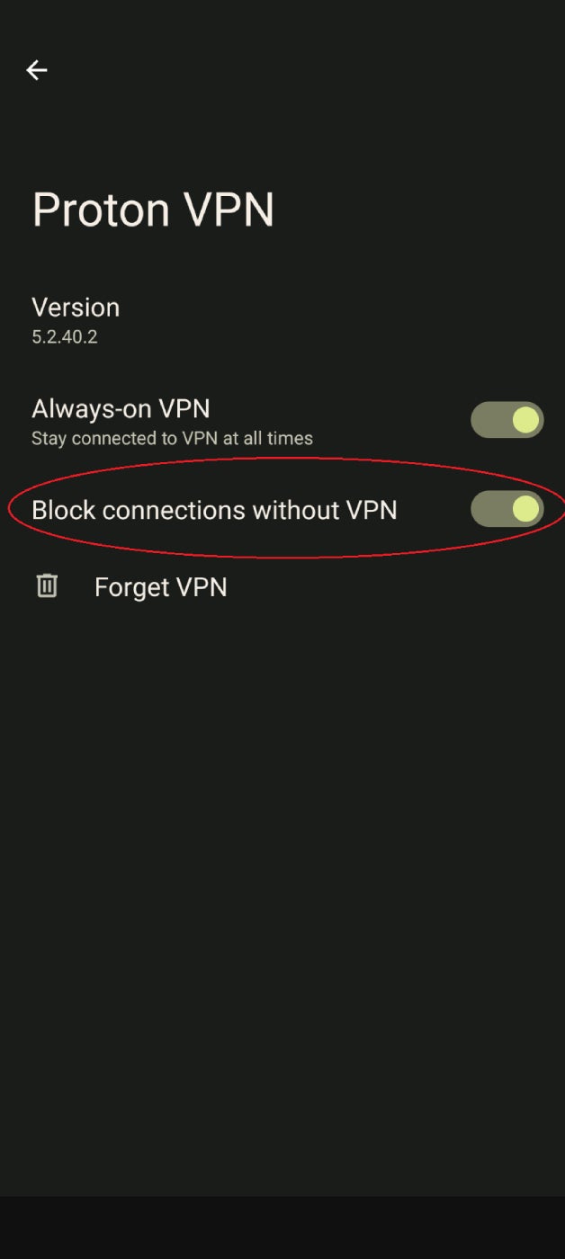 Una captura de pantalla de la pantalla de configuración de VPN de Android con la opción Bloquear conexiones sin VPN en un círculo.