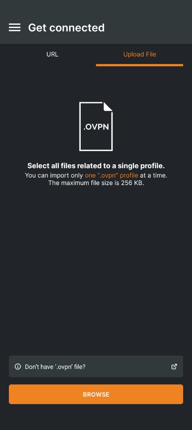 Una captura de pantalla de la pantalla de carga del archivo .ovpn de OpenVPN Connect.