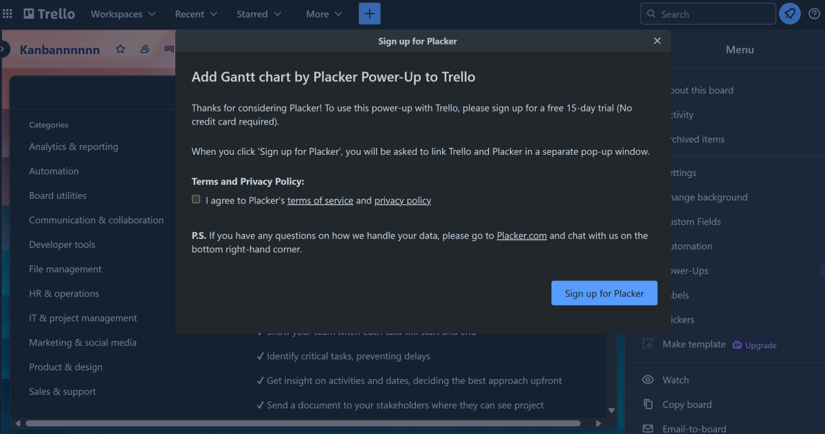 Setting up a Gantt Power-Up in Trello.