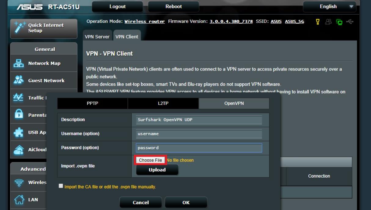 Elija el archivo OpenVPN en el enrutador Asus.