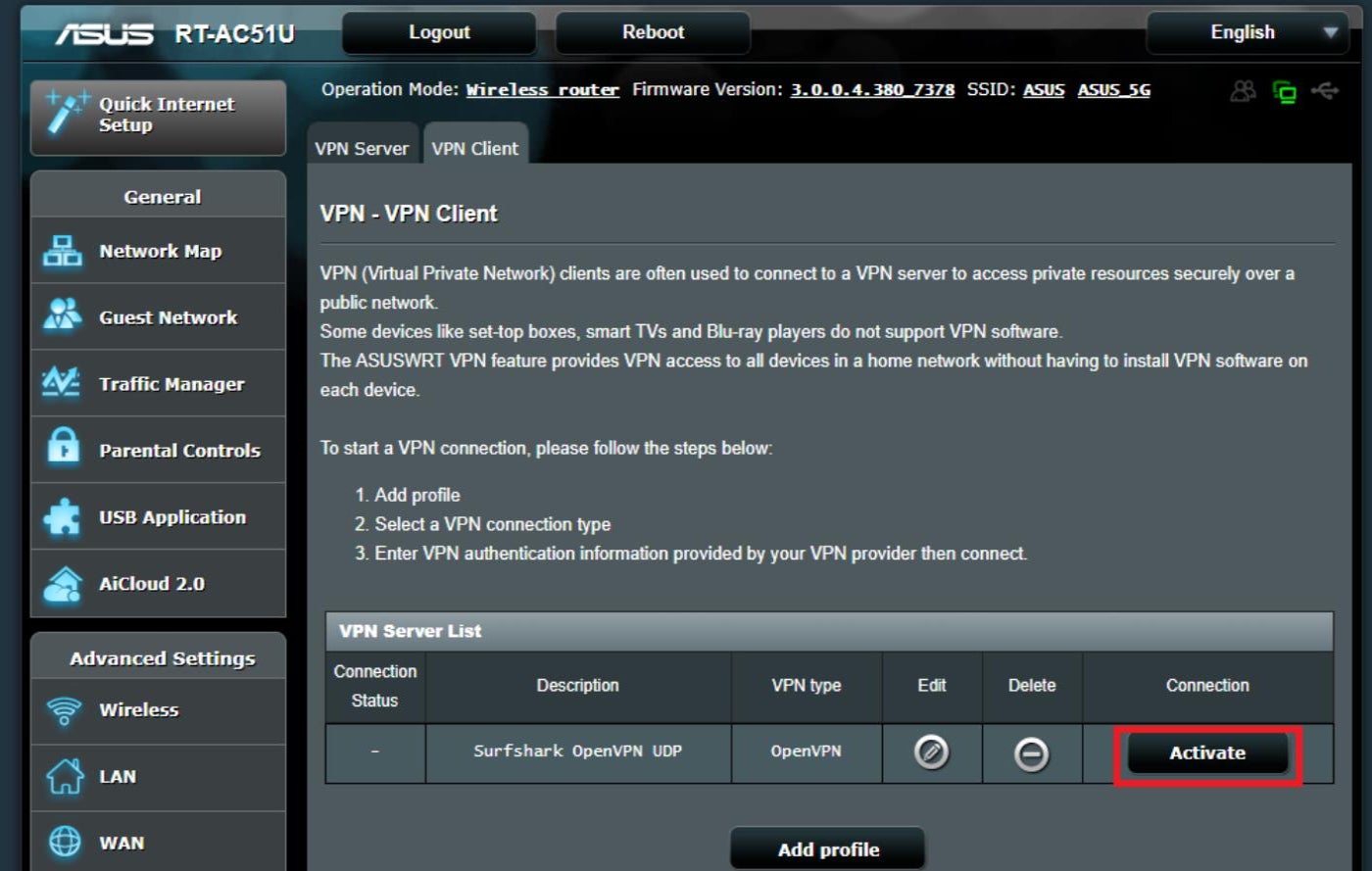 Panel del enrutador Asus que muestra el botón de activación del cliente VPN.