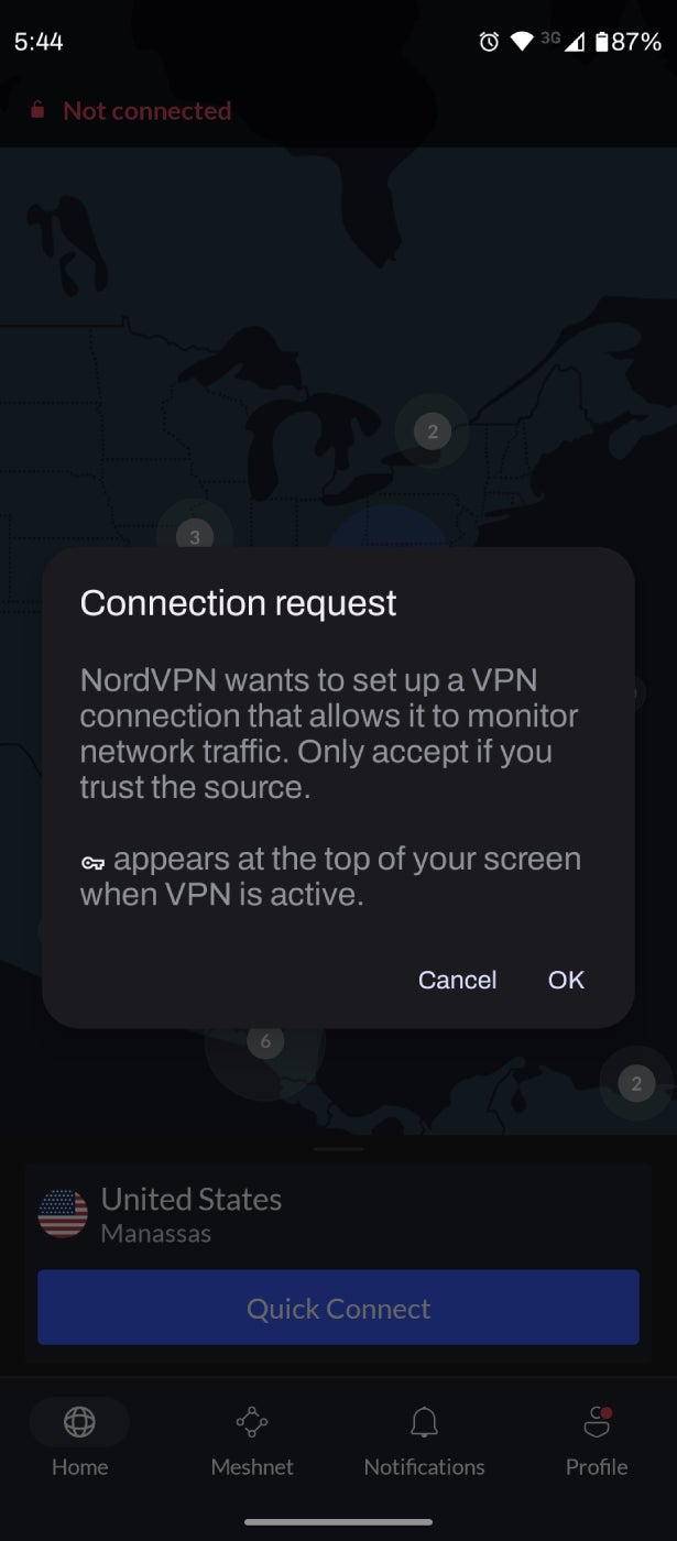 Captura de pantalla de NordVPN solicitando permisos de Android.