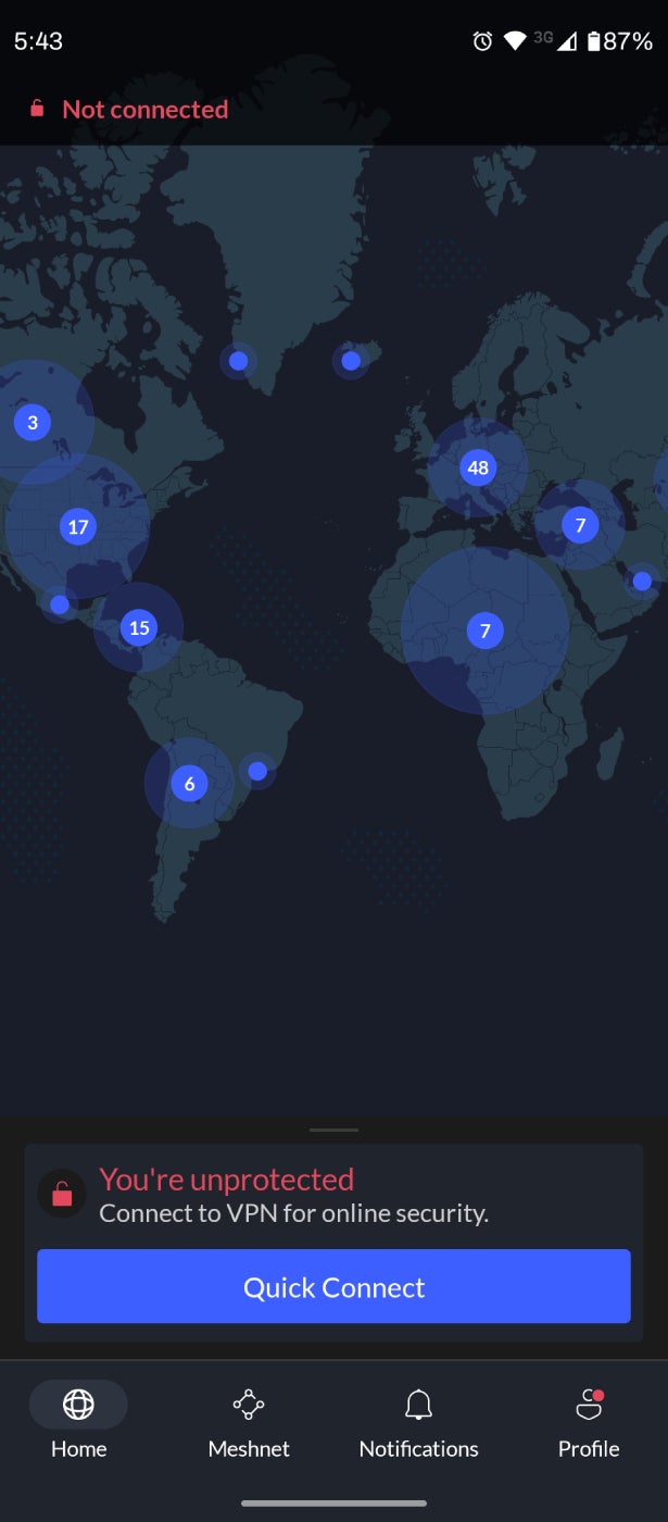 Captura de pantalla del mapa de ubicación de VPN de NordVPN.