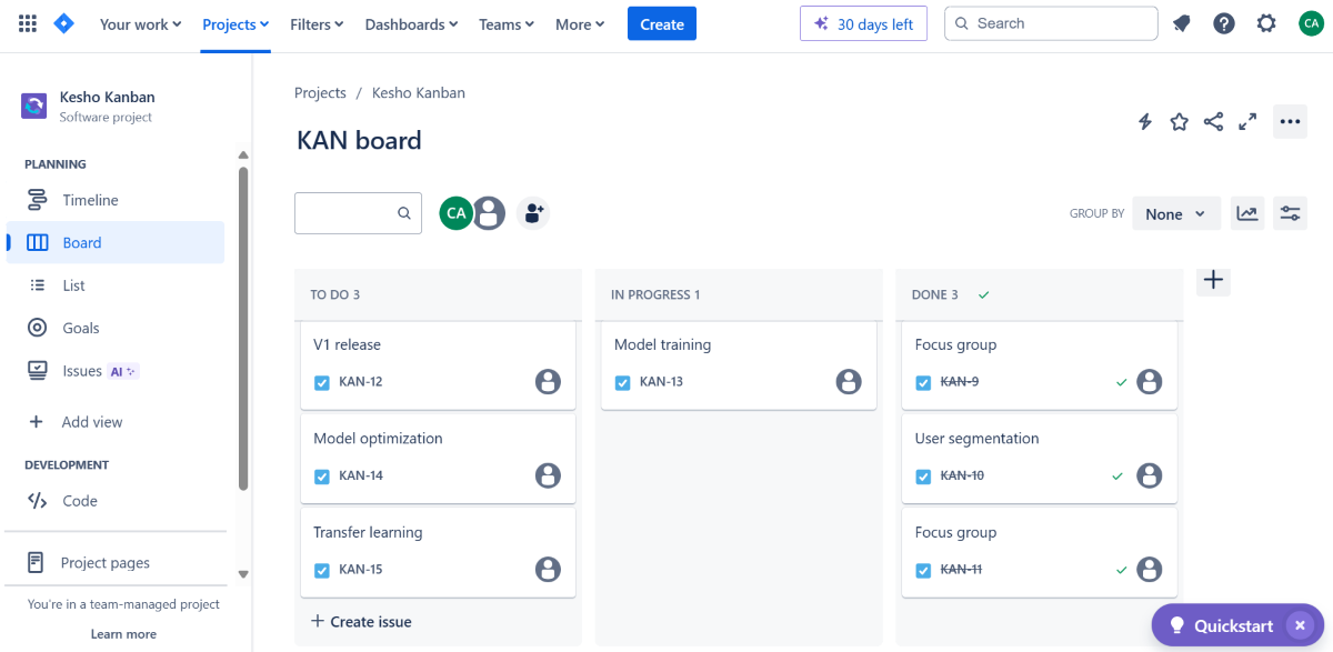 A kanban board in my software project.