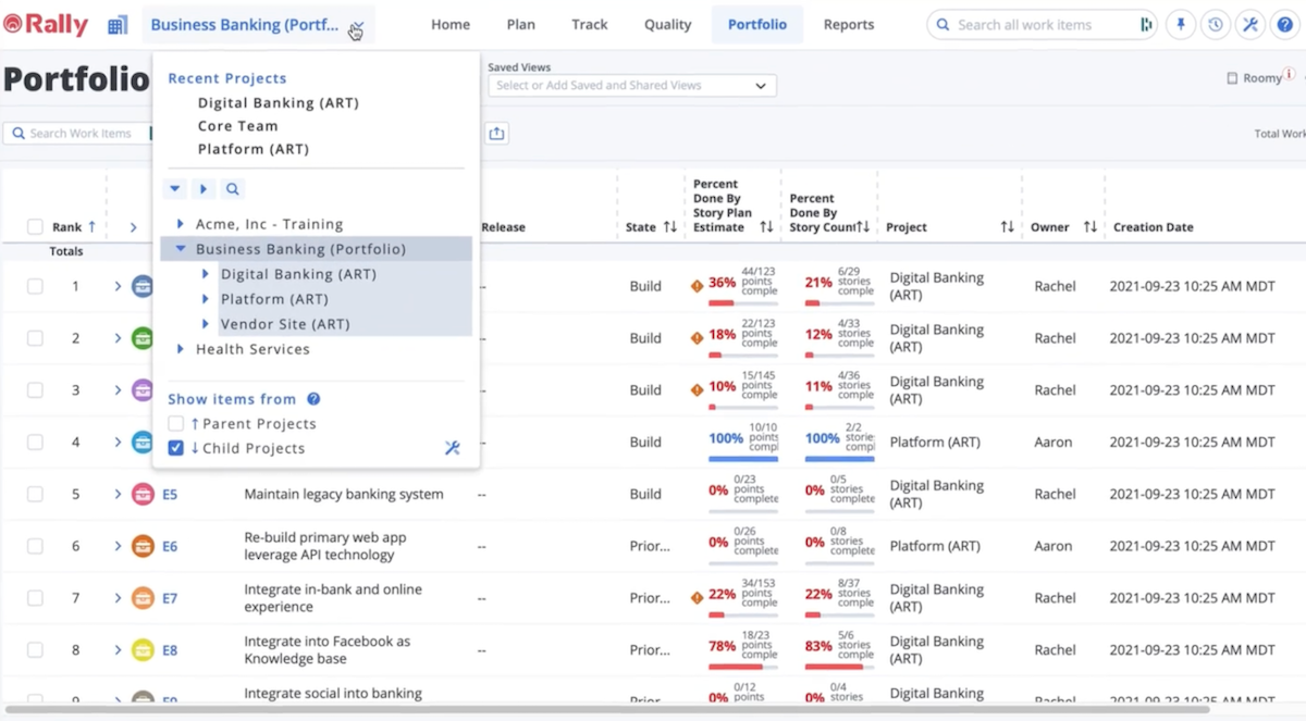 Rally’s user interface displaying a portfolio of projects being tracked.