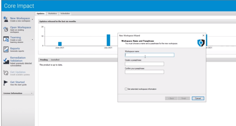 Core Impact workspace dashboard.