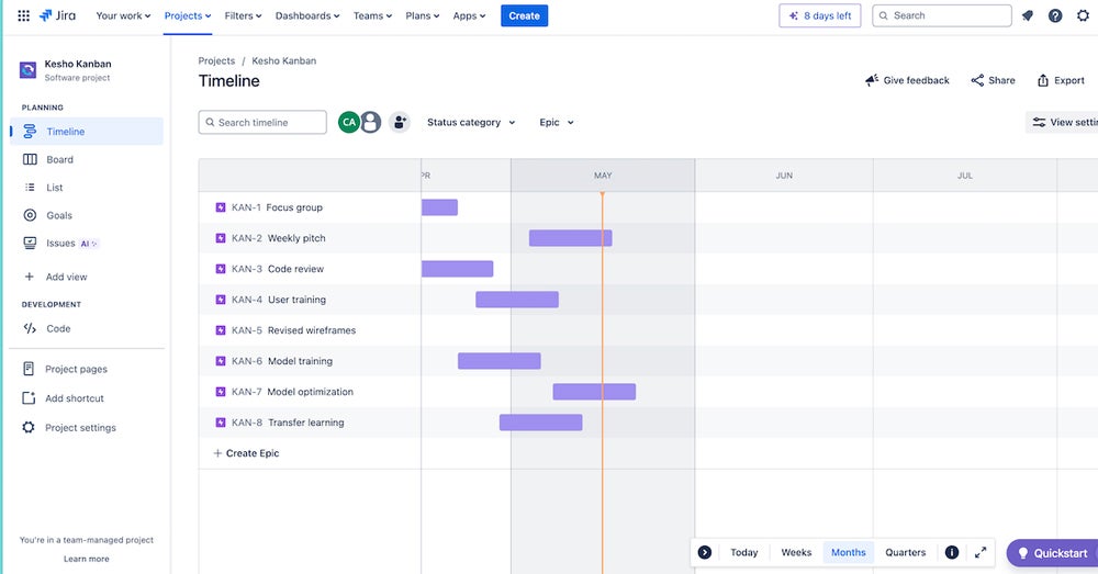 A preview of the Timeline view in Jira.