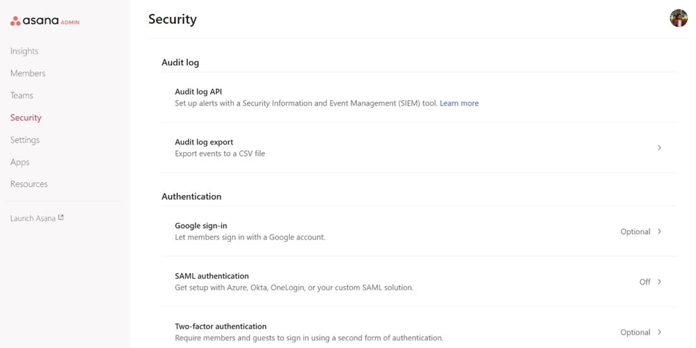 Some of the security options available in Asana.