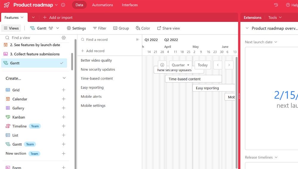 A Gantt chart of a product roadmap in Airtable.