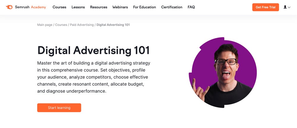 Página de inscripción a Semrush Academy Digital Advertising 101.