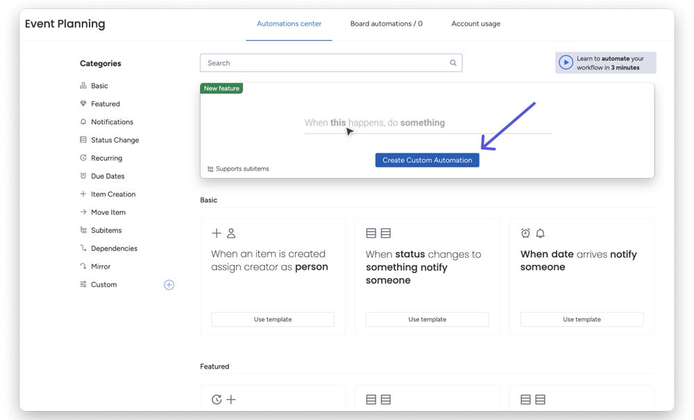 Creando automatización personalizada en monday.com.