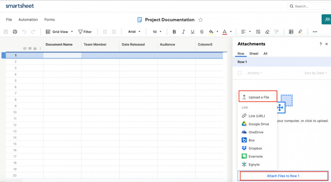 Smartsheet carga documentos desde múltiples servicios.