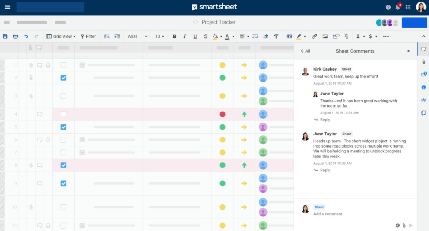 Los comentarios funcionan en Smartsheet.