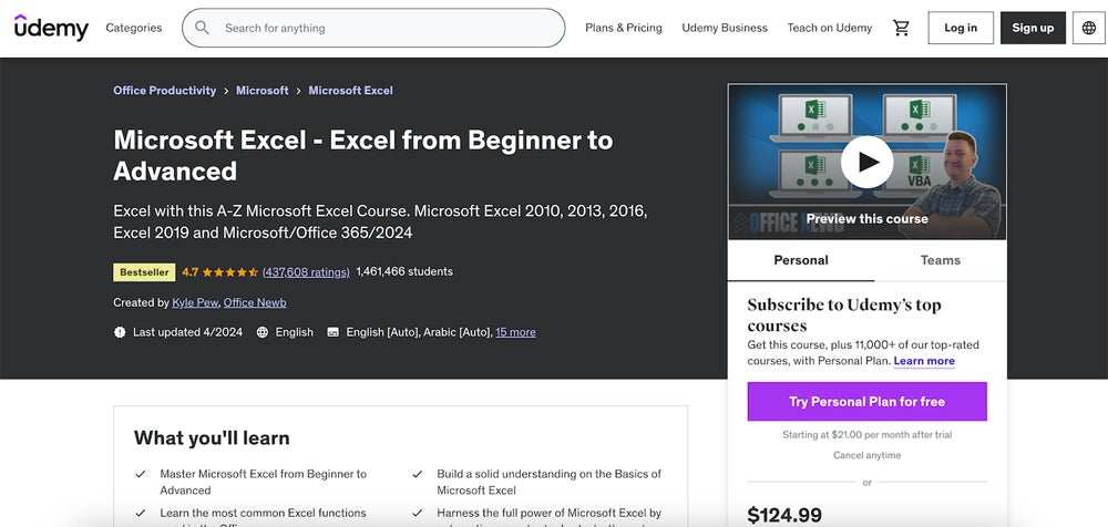 Microsoft Excel: Excel desde principiante hasta avanzado es uno de los cursos más vendidos de Udemy.