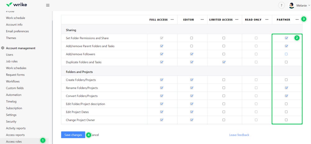 Configurar el permiso de acceso basado en roles es sencillo en Wrike.