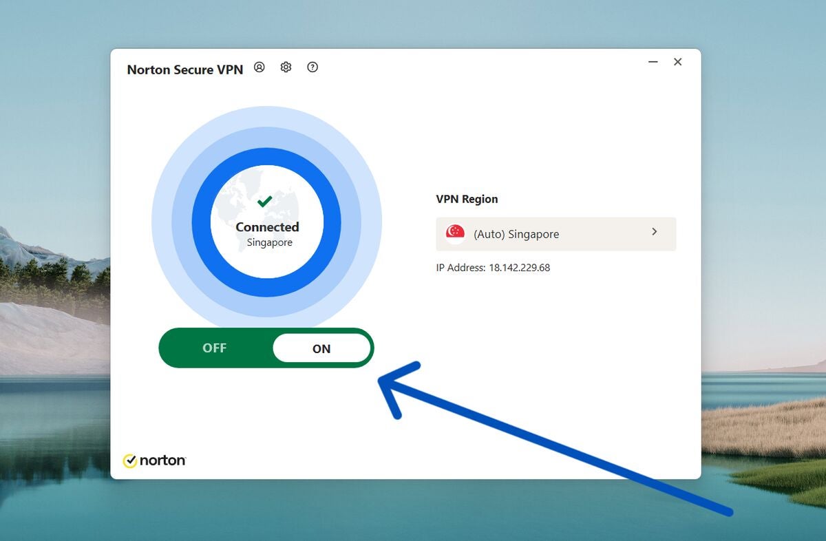 Main Norton Secure VPN user interface. 